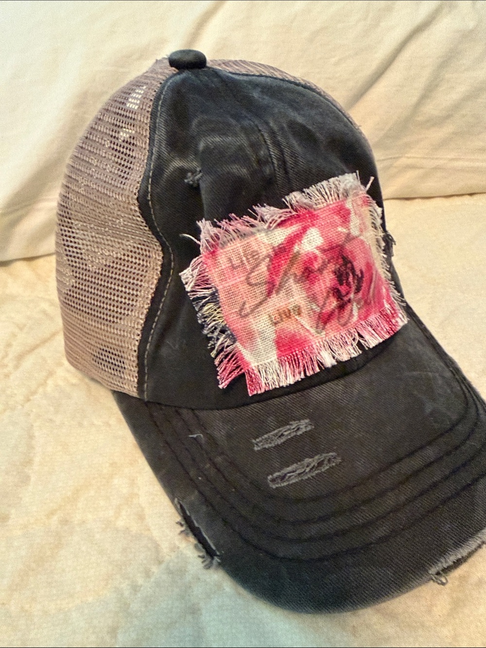 C.C Beige Mesh Ponytail Trucker Hat with Leather Patch